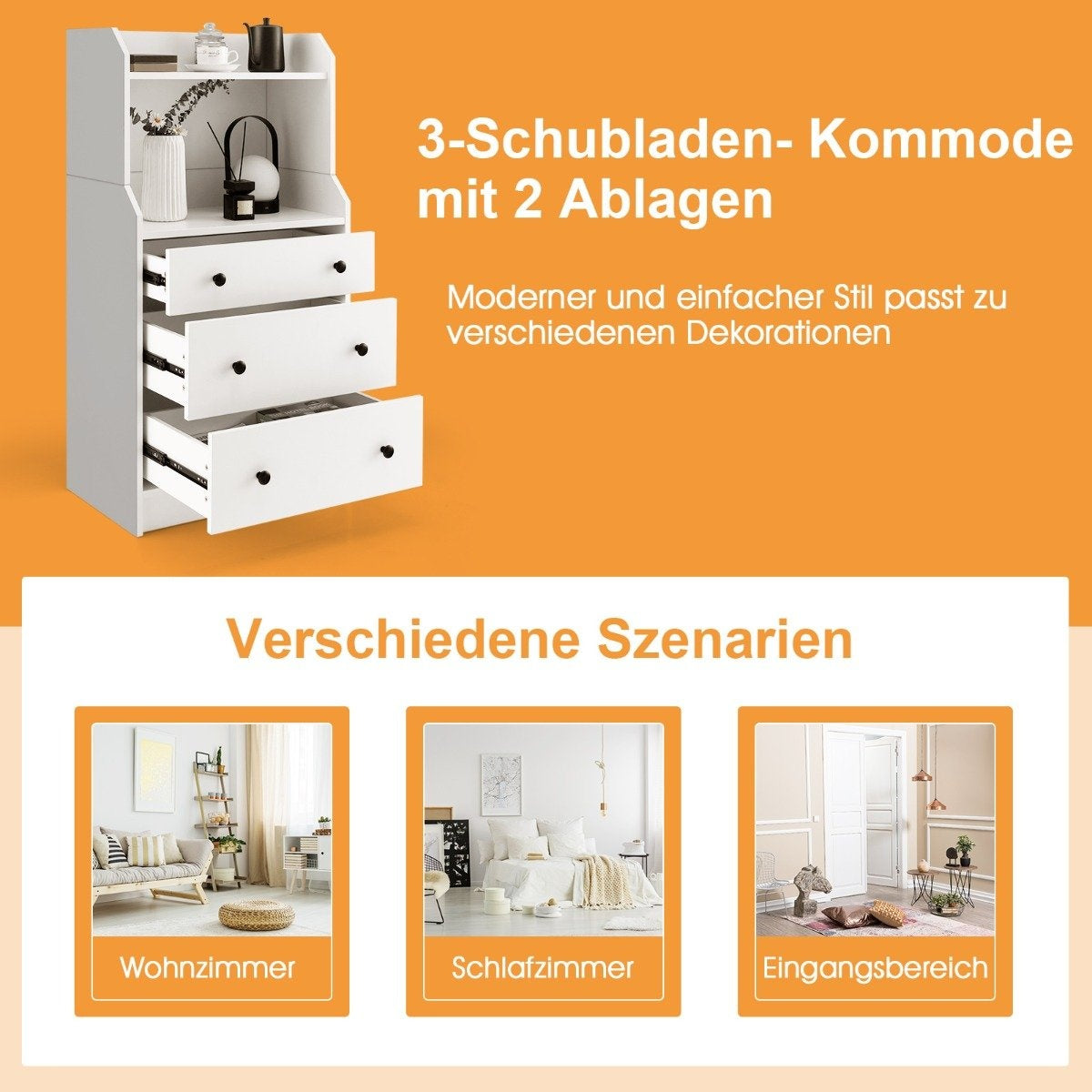 Chest of drawers with 3 drawers & shelves & anti-tip device Drawer cabinet White