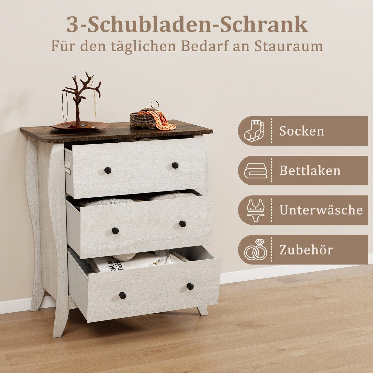 Chest of drawers with 3 folding fabric drawers, country house style sideboard, gray drawer cabinet