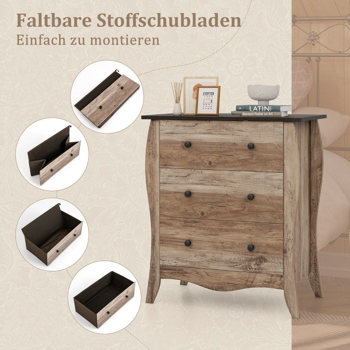 Chest of drawers with 3 folding fabric drawers, sideboard in country house style, drawer cabinet, brown