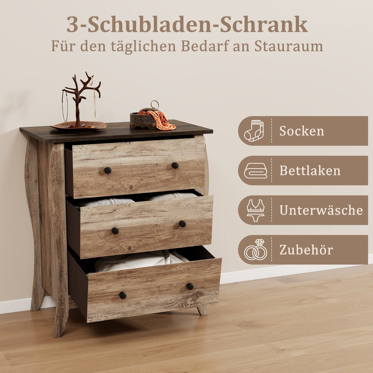 Chest of drawers with 3 folding fabric drawers, sideboard in country house style, drawer cabinet, brown