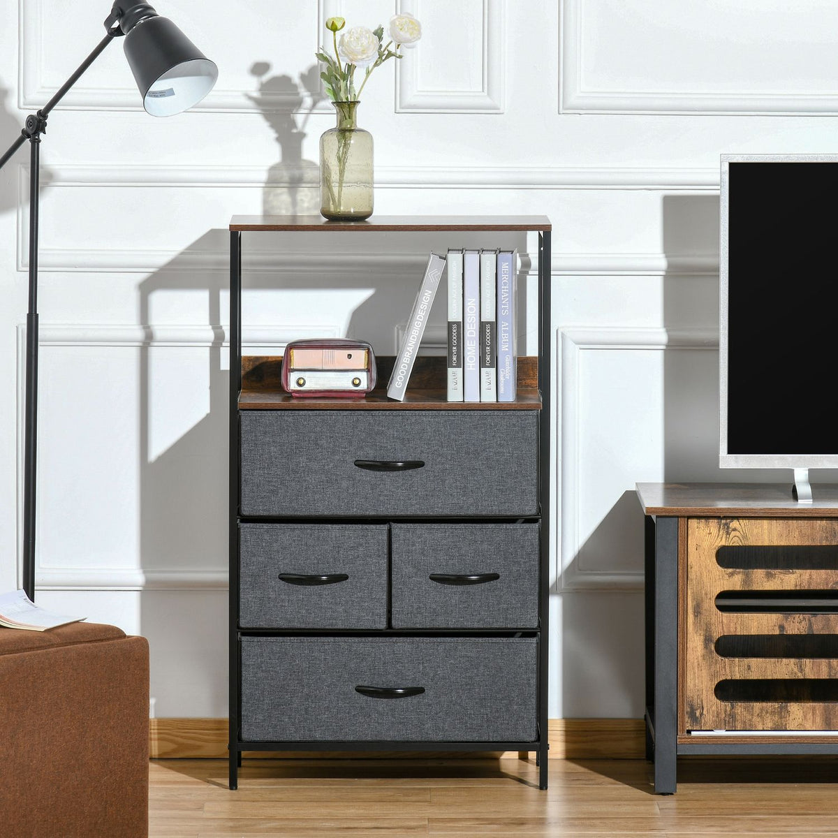 Chest of drawers with 4 drawers made of linen storage cabinet with shelf handles black