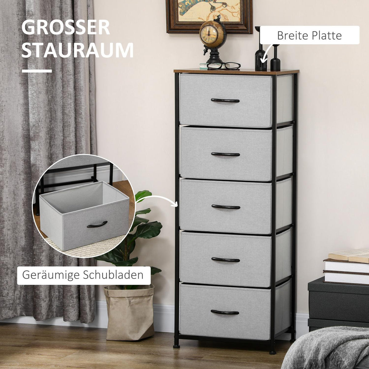 Chest of drawers with 5 drawers made of fabric storage cabinet chest of drawers with handles, modern design cabinet drawer cabinet storage chest of drawers for bedroom, living room gray |