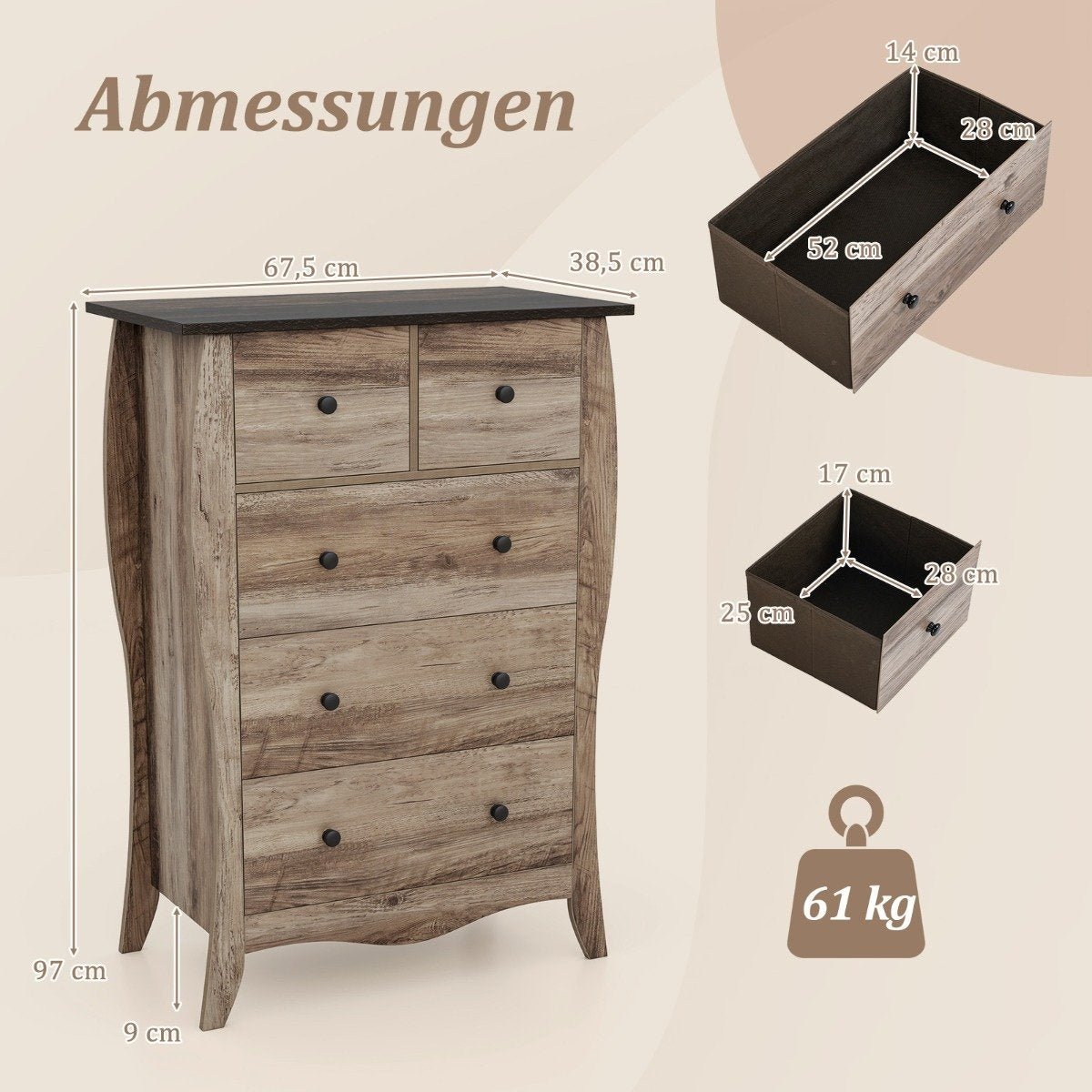 Chest of drawers with 5 folding fabric drawers, sideboard in country house style, drawer cabinet, brown
