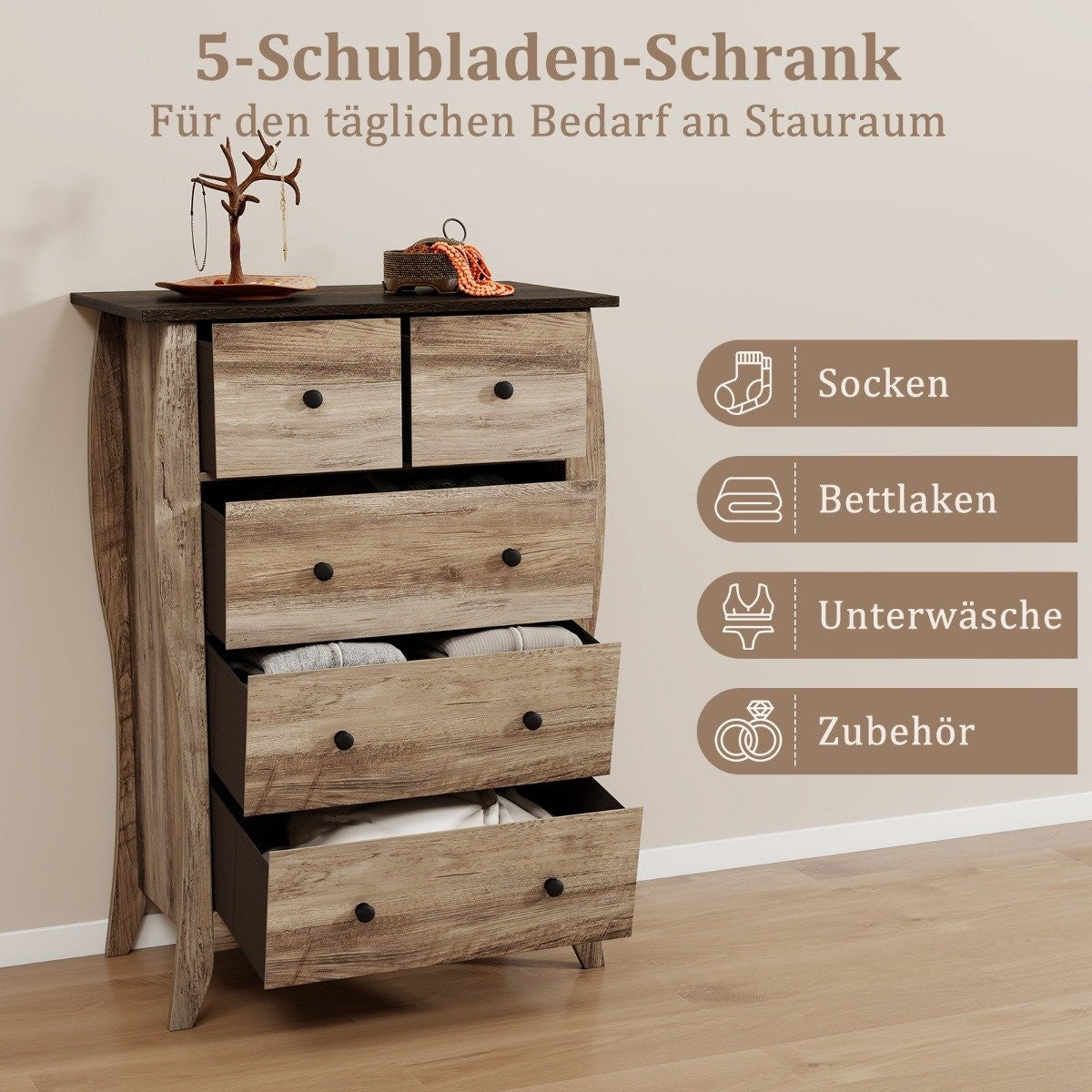 Chest of drawers with 5 folding fabric drawers, sideboard in country house style, drawer cabinet, brown