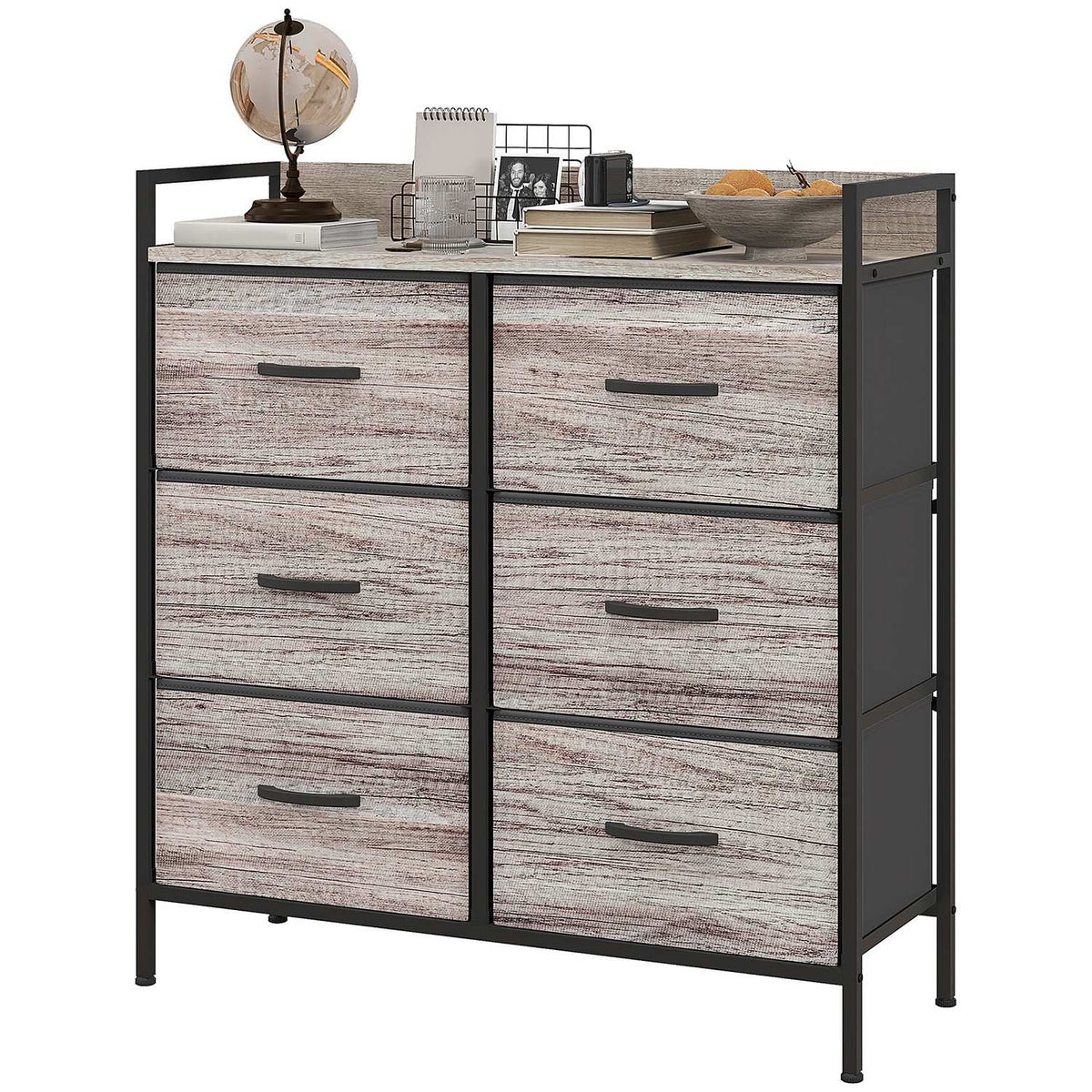 Chest of drawers with 6 drawers made of fabric storage cabinet with wood look, handles, steel frame, industrial design sideboard for living room gray