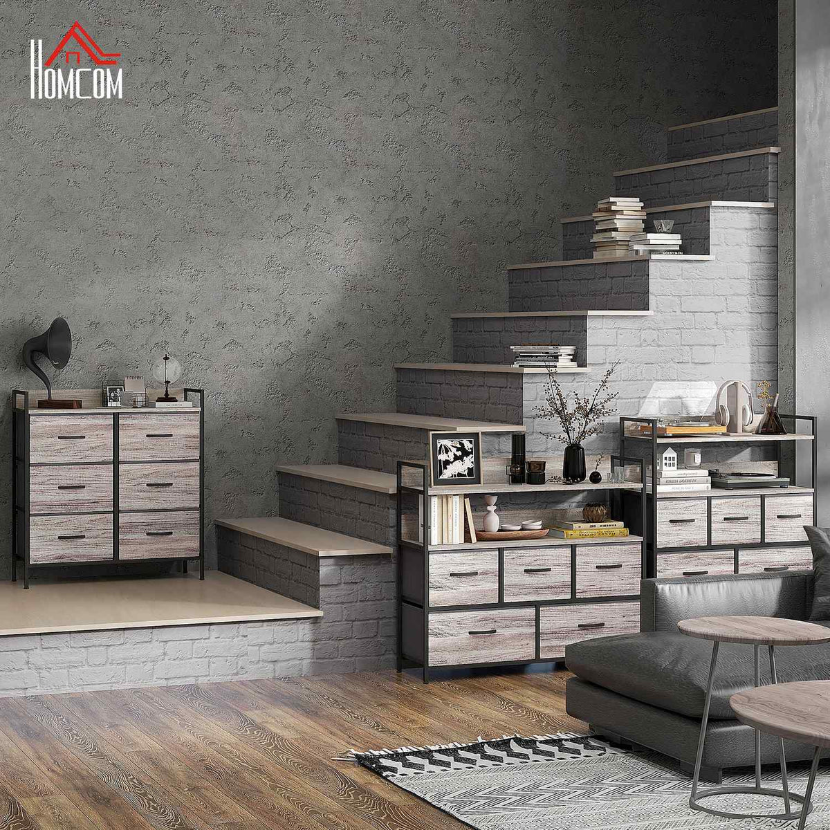 Chest of drawers with 6 drawers made of fabric storage cabinet with wood look, handles, steel frame, industrial design sideboard for living room gray