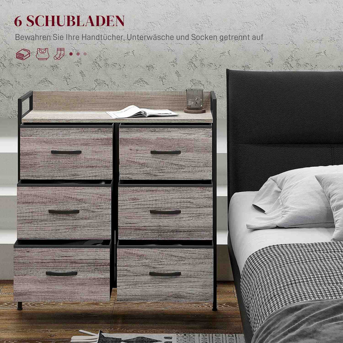 Chest of drawers with 6 drawers made of fabric storage cabinet with wood look, handles, steel frame, industrial design sideboard for living room gray