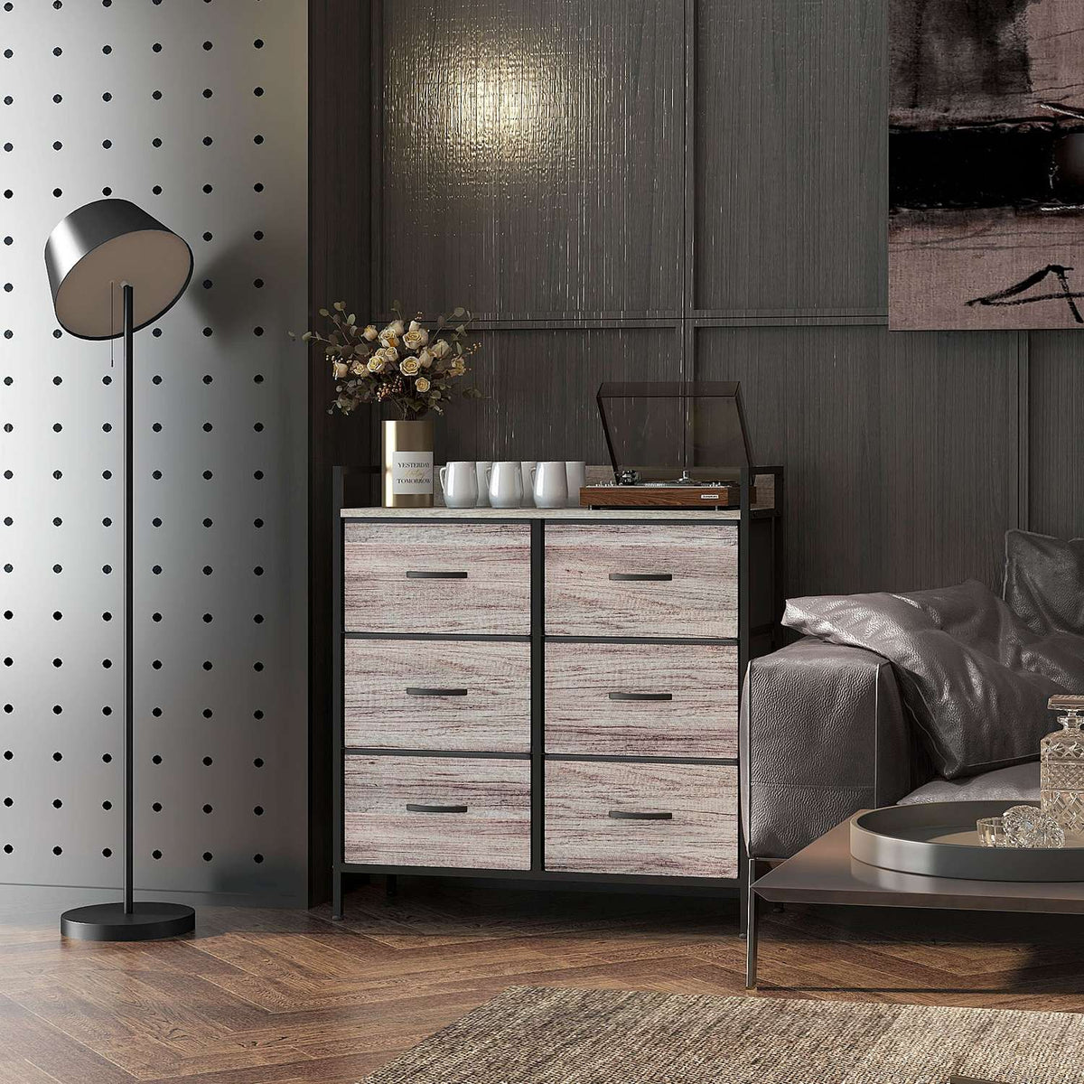 Chest of drawers with 6 drawers made of fabric storage cabinet with wood look, handles, steel frame, industrial design sideboard for living room gray
