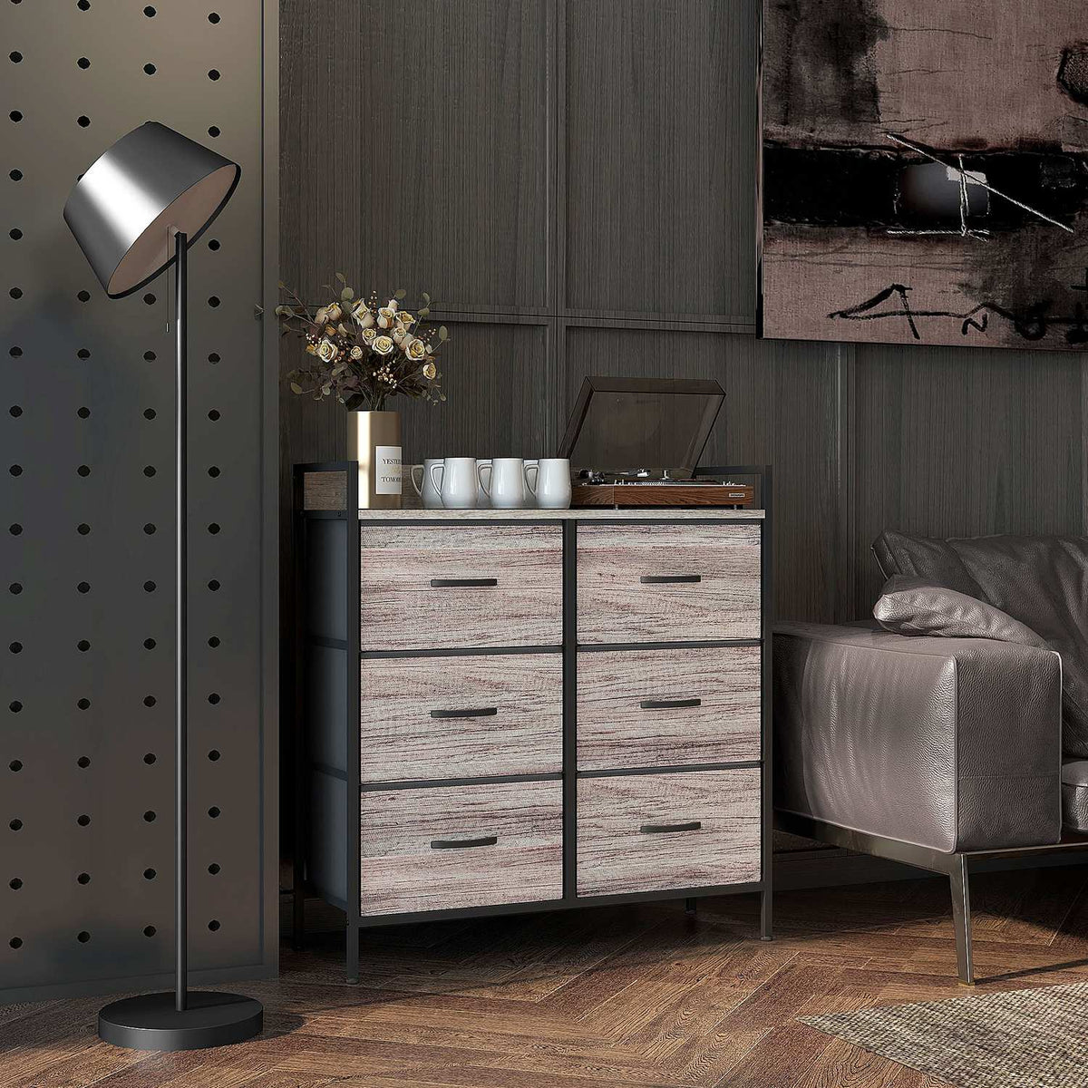 Chest of drawers with 6 drawers made of fabric storage cabinet with wood look, handles, steel frame, industrial design sideboard for living room gray