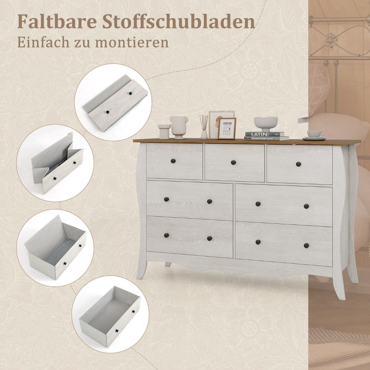 Chest of drawers with 7 folding fabric drawers, sideboard in country house style, wardrobe, grey