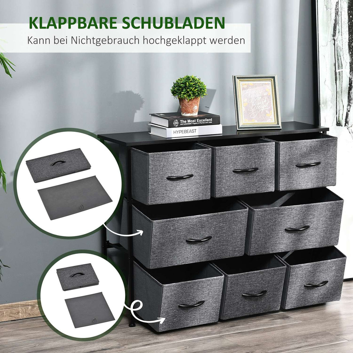 Chest of drawers with 8 drawers made of fabric, storage cabinet, chest of drawers with handles, metal frame, modern design cabinet for bedroom, living room, dark gray