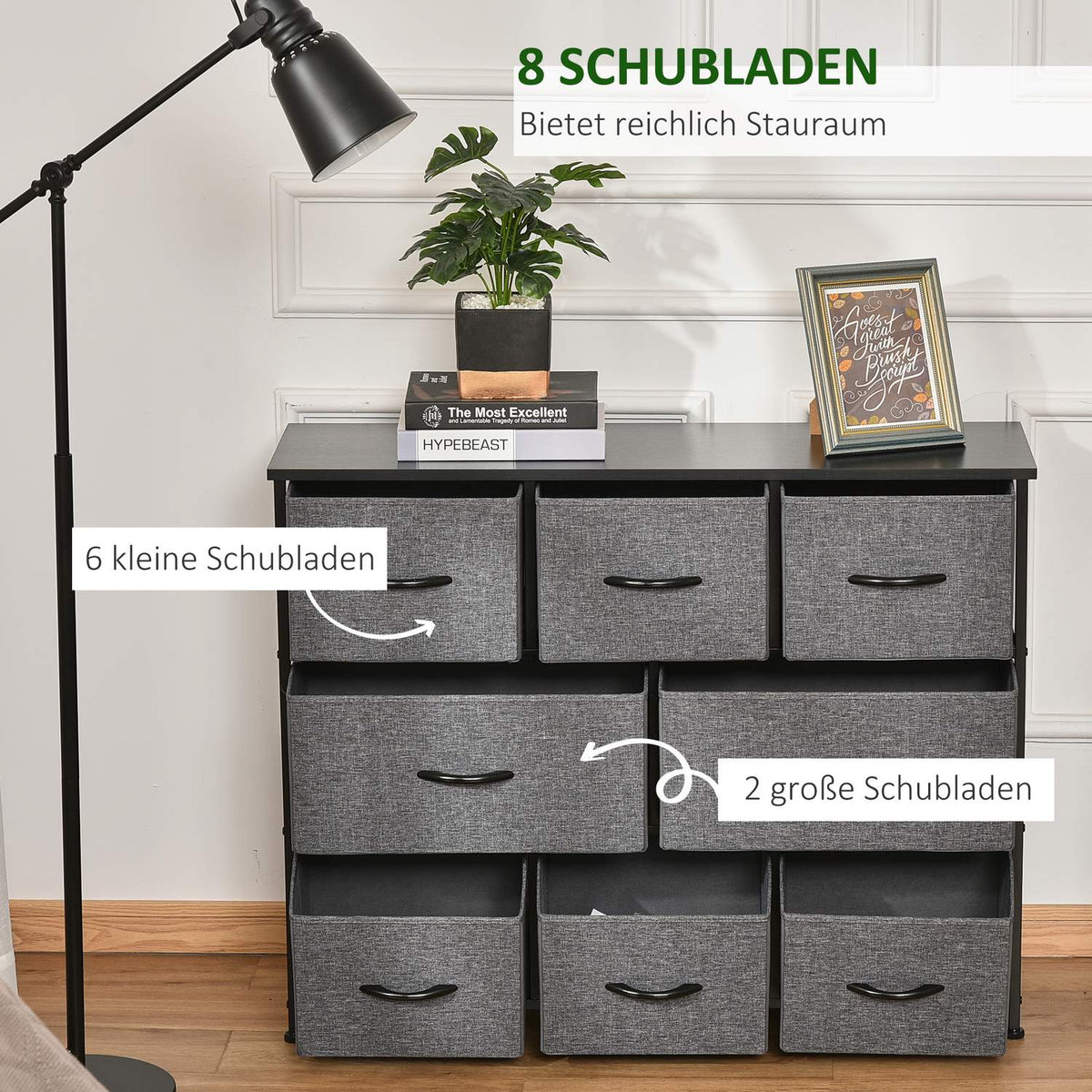 Chest of drawers with 8 drawers made of fabric, storage cabinet, chest of drawers with handles, metal frame, modern design cabinet for bedroom, living room, dark gray