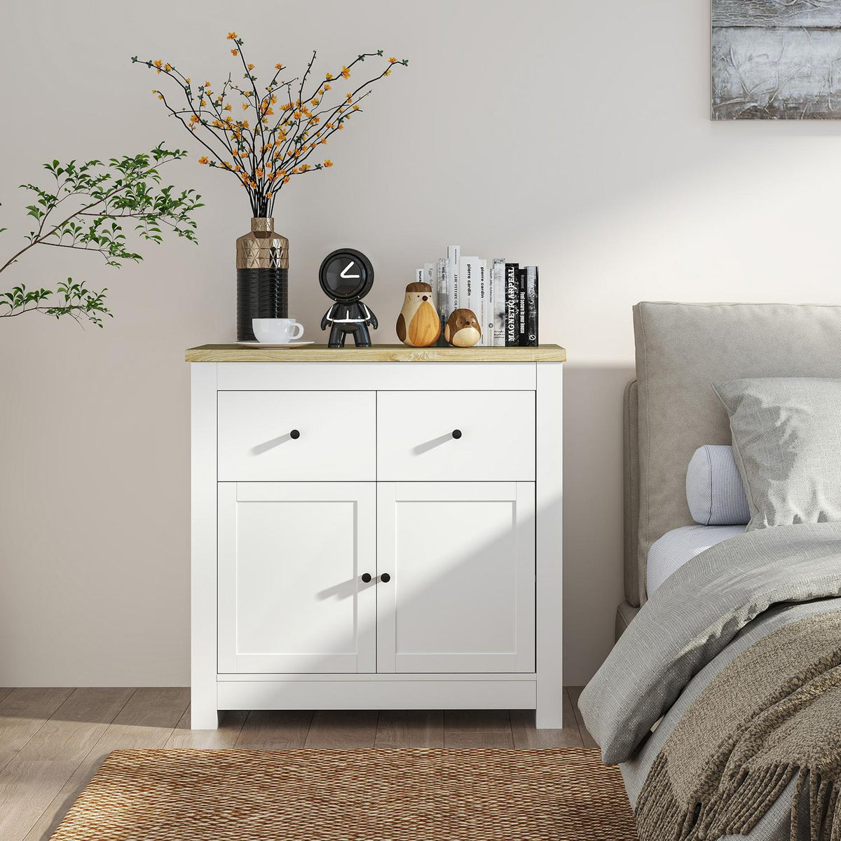 Chest of drawers with plenty of storage space, sideboard with soft-close doors, 2 drawers, adjustable shelf, white