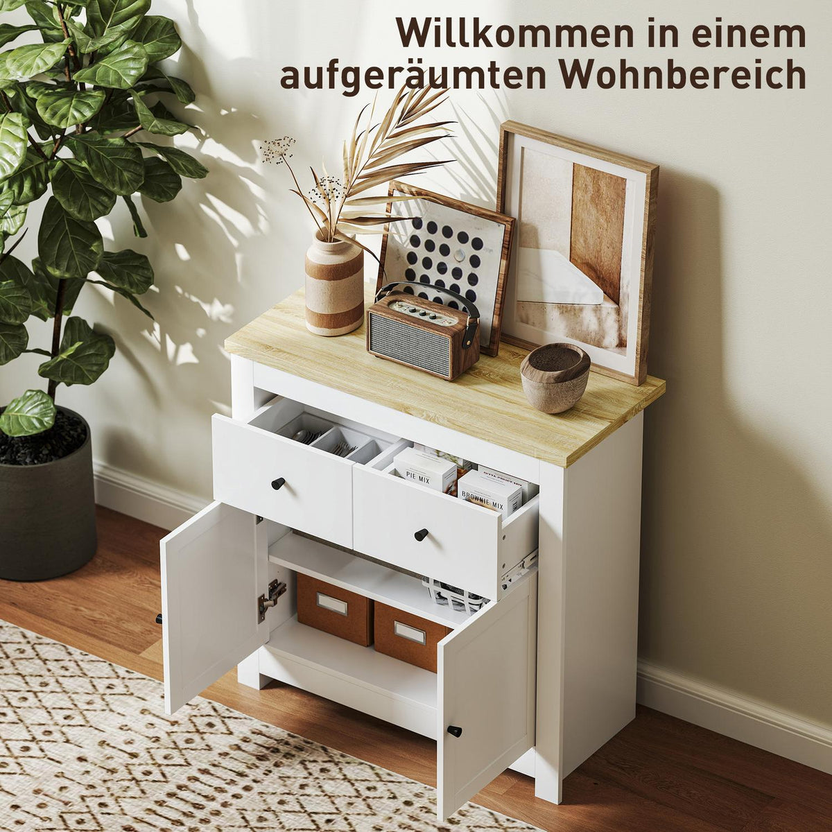 Chest of drawers with plenty of storage space, sideboard with soft-close doors, 2 drawers, adjustable shelf, white