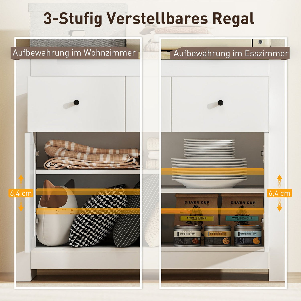 Chest of drawers with plenty of storage space, sideboard with soft-close doors, 2 drawers, adjustable shelf, white