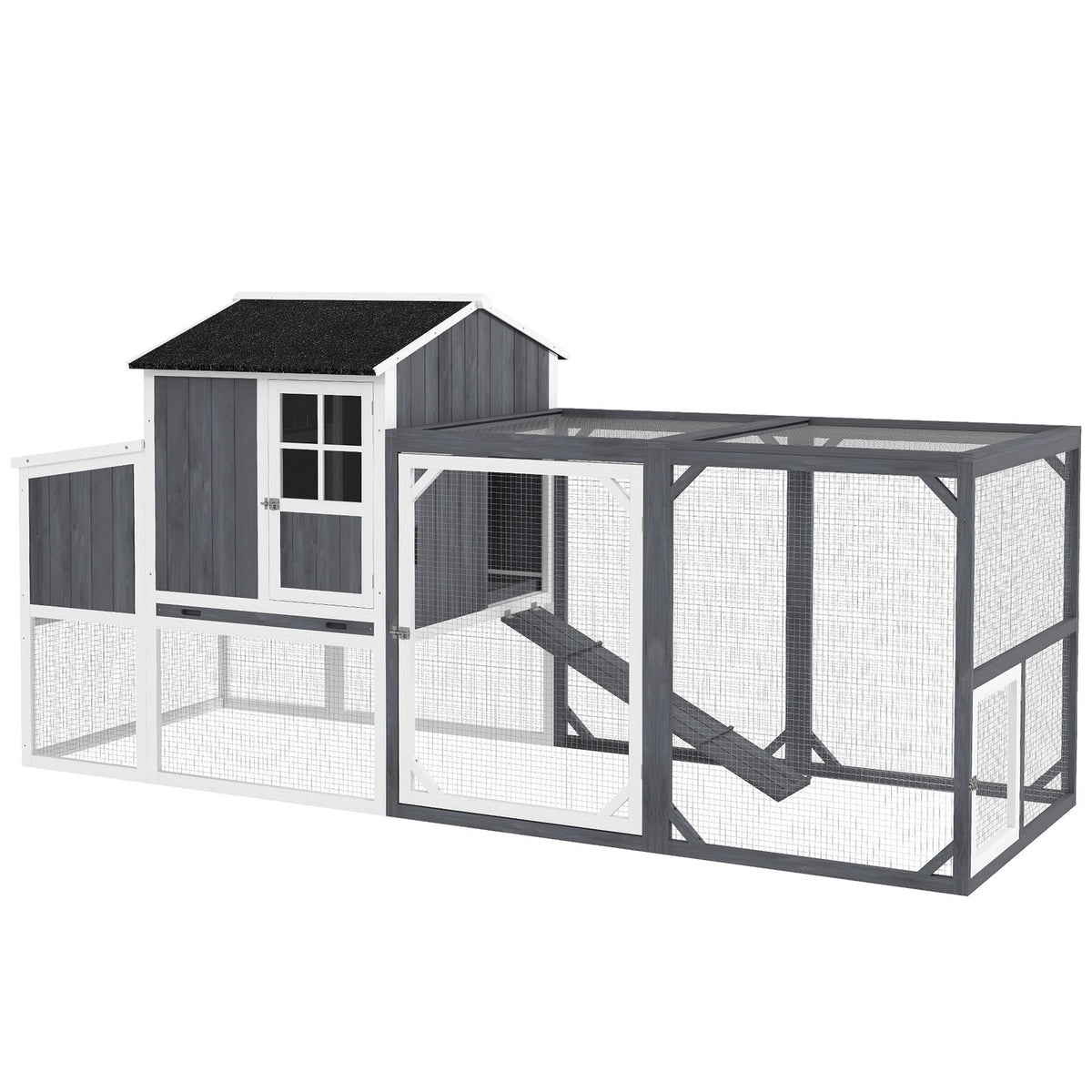 Chicken Coop, 236.5 x 91 x 114 cm Chicken Run with Nesting Box, Outdoor Enclosure, Wooden Chicken House with 2 Perches, Waterproof Paint, for 3-4 Chickens, Gray