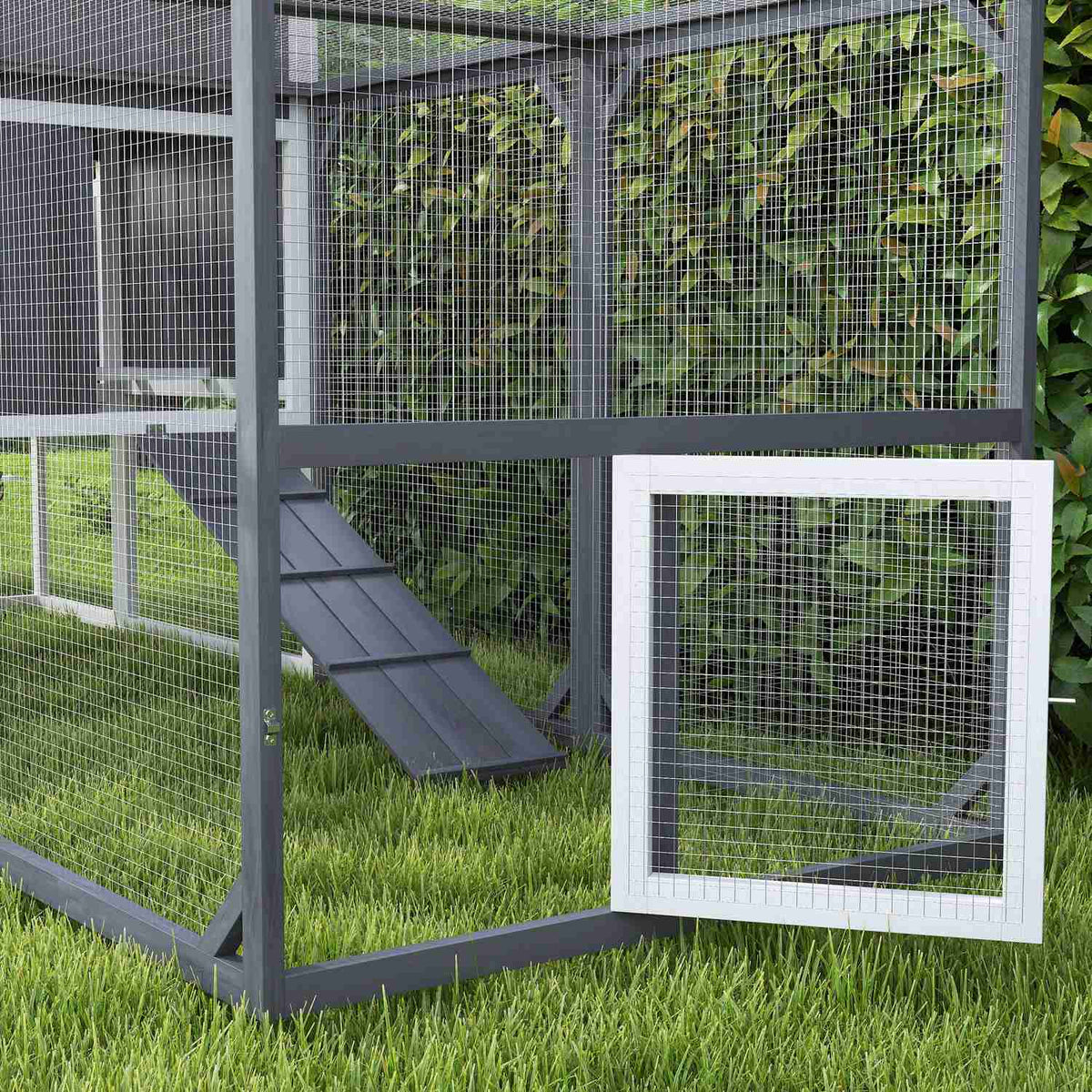 Chicken Coop, 236.5 x 91 x 114 cm Chicken Run with Nesting Box, Outdoor Enclosure, Wooden Chicken House with 2 Perches, Waterproof Paint, for 3-4 Chickens, Gray