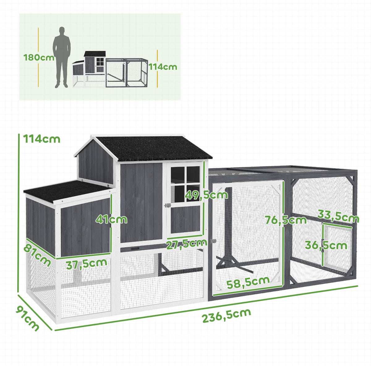 Chicken Coop, 236.5 x 91 x 114 cm Chicken Run with Nesting Box, Outdoor Enclosure, Wooden Chicken House with 2 Perches, Waterproof Paint, for 3-4 Chickens, Gray