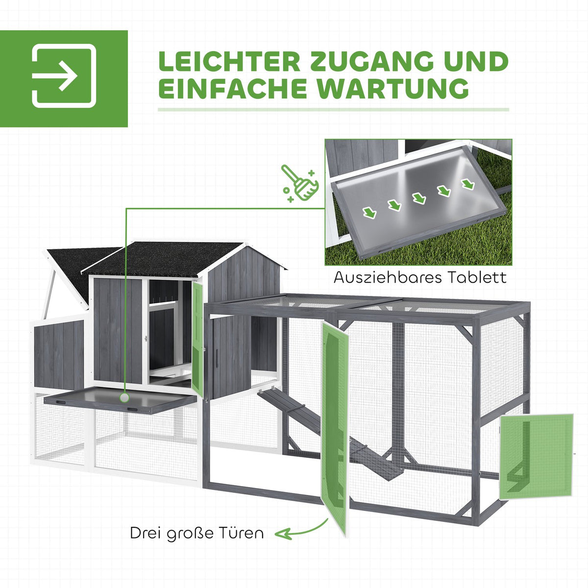 Chicken Coop, 236.5 x 91 x 114 cm Chicken Run with Nesting Box, Outdoor Enclosure, Wooden Chicken House with 2 Perches, Waterproof Paint, for 3-4 Chickens, Gray