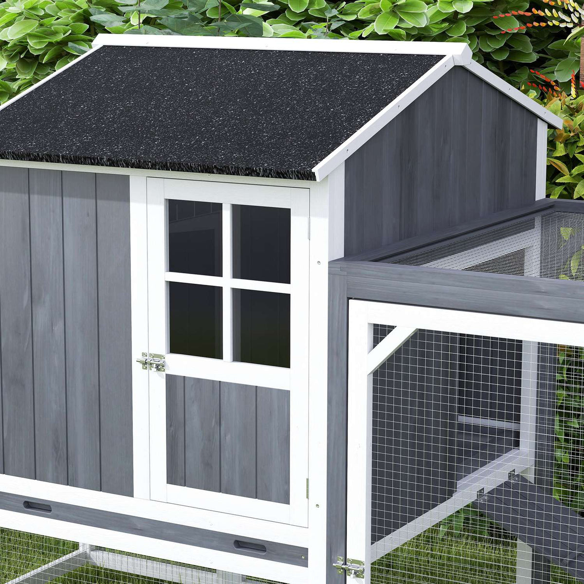 Chicken Coop, 236.5 x 91 x 114 cm Chicken Run with Nesting Box, Outdoor Enclosure, Wooden Chicken House with 2 Perches, Waterproof Paint, for 3-4 Chickens, Gray