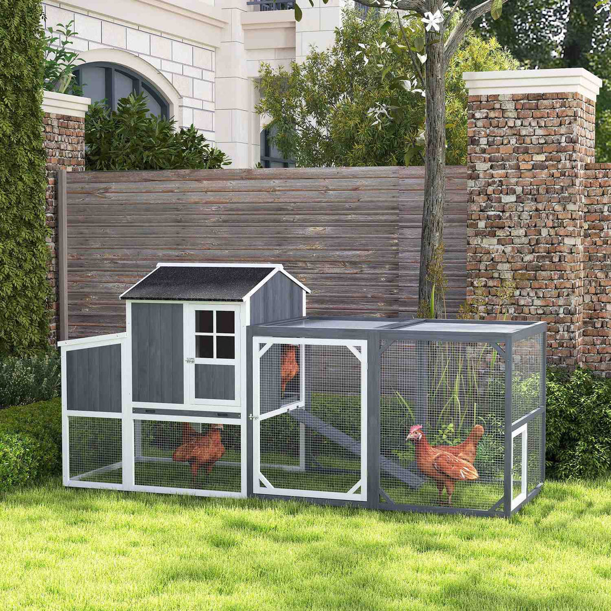 Chicken Coop, 236.5 x 91 x 114 cm Chicken Run with Nesting Box, Outdoor Enclosure, Wooden Chicken House with 2 Perches, Waterproof Paint, for 3-4 Chickens, Gray