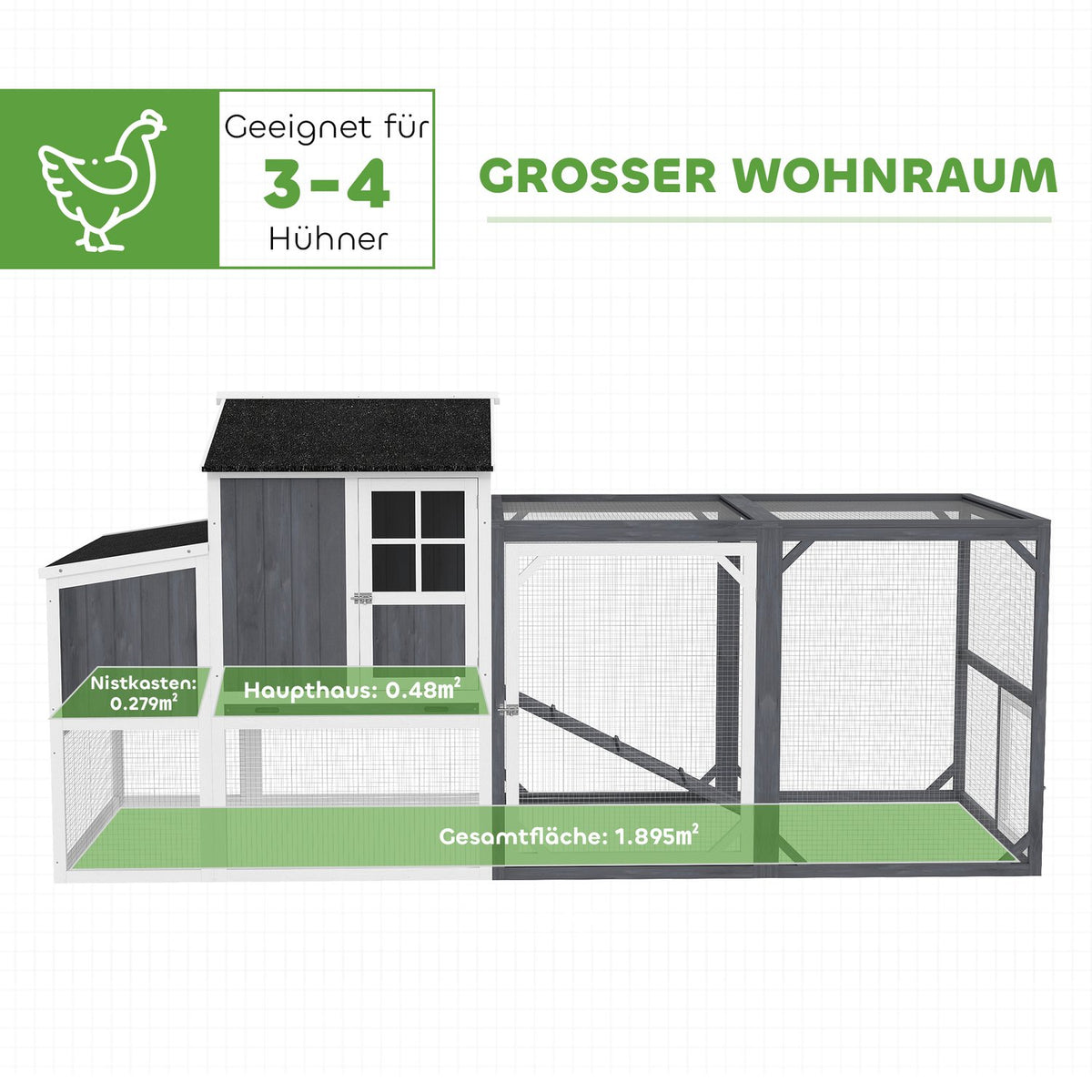 Chicken Coop, 236.5 x 91 x 114 cm Chicken Run with Nesting Box, Outdoor Enclosure, Wooden Chicken House with 2 Perches, Waterproof Paint, for 3-4 Chickens, Gray