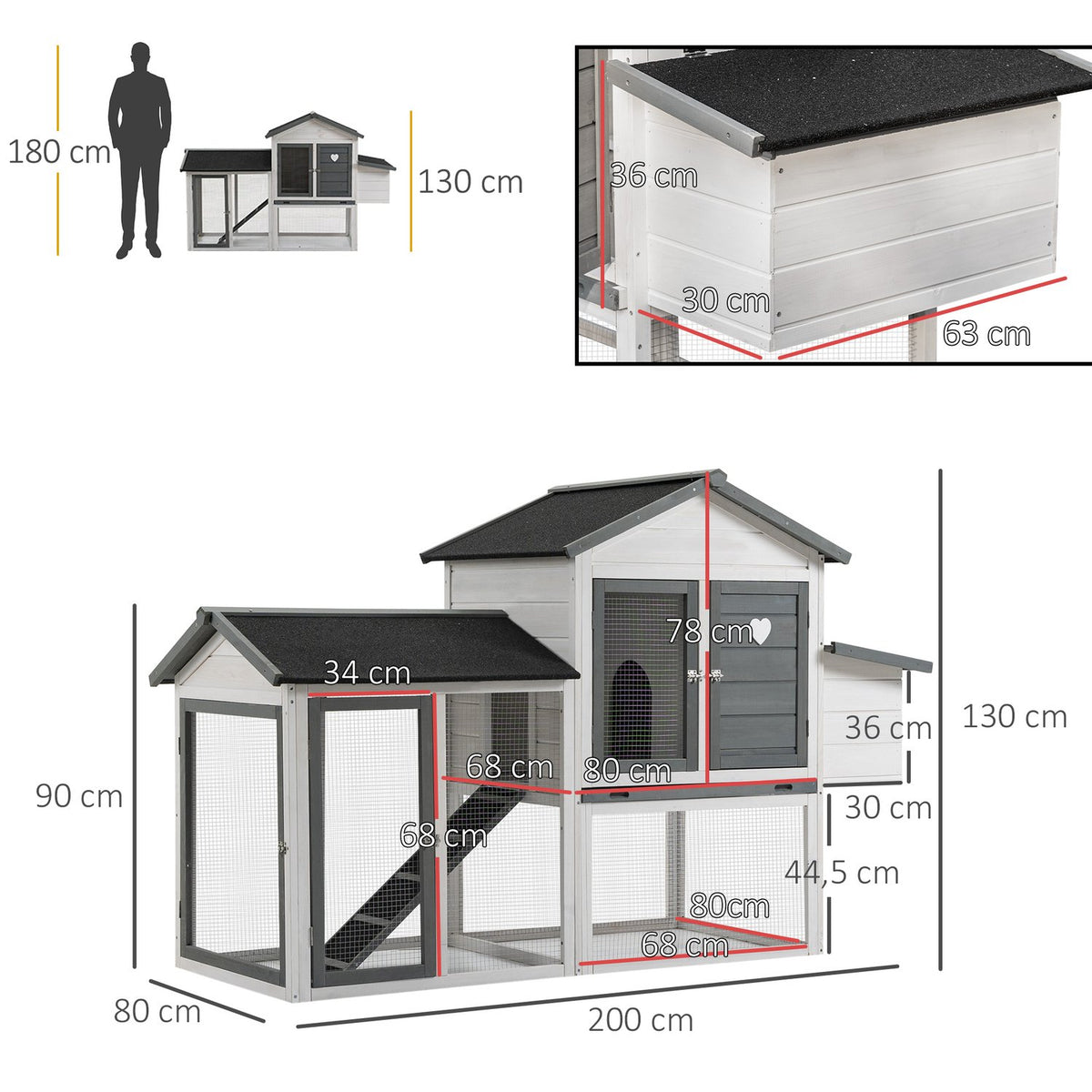 Chicken Coop Chicken House Chicken Enclosure With 2 Levels Nesting Box Ramp Winterproof Easy To Clean Fir Wood Steel Asphalt 200 X 80 X 130 Cm