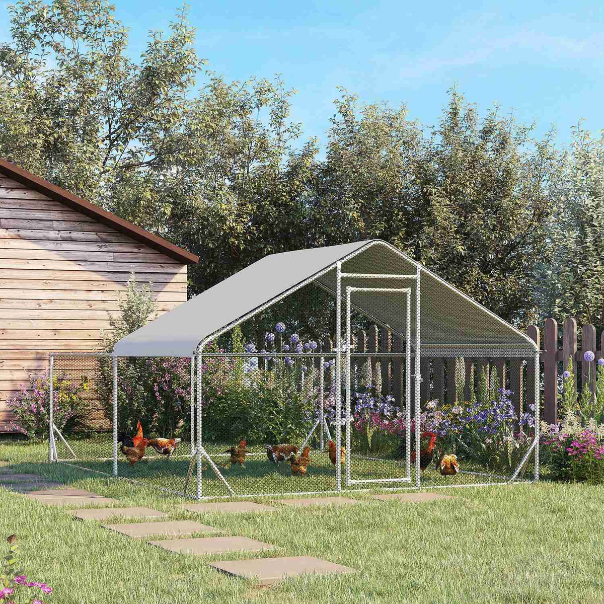 Chicken Coop Free-Range Chicken Enclosure With Sun Protection Roof, 400 X 300 X 195 Cm Steel, Silver