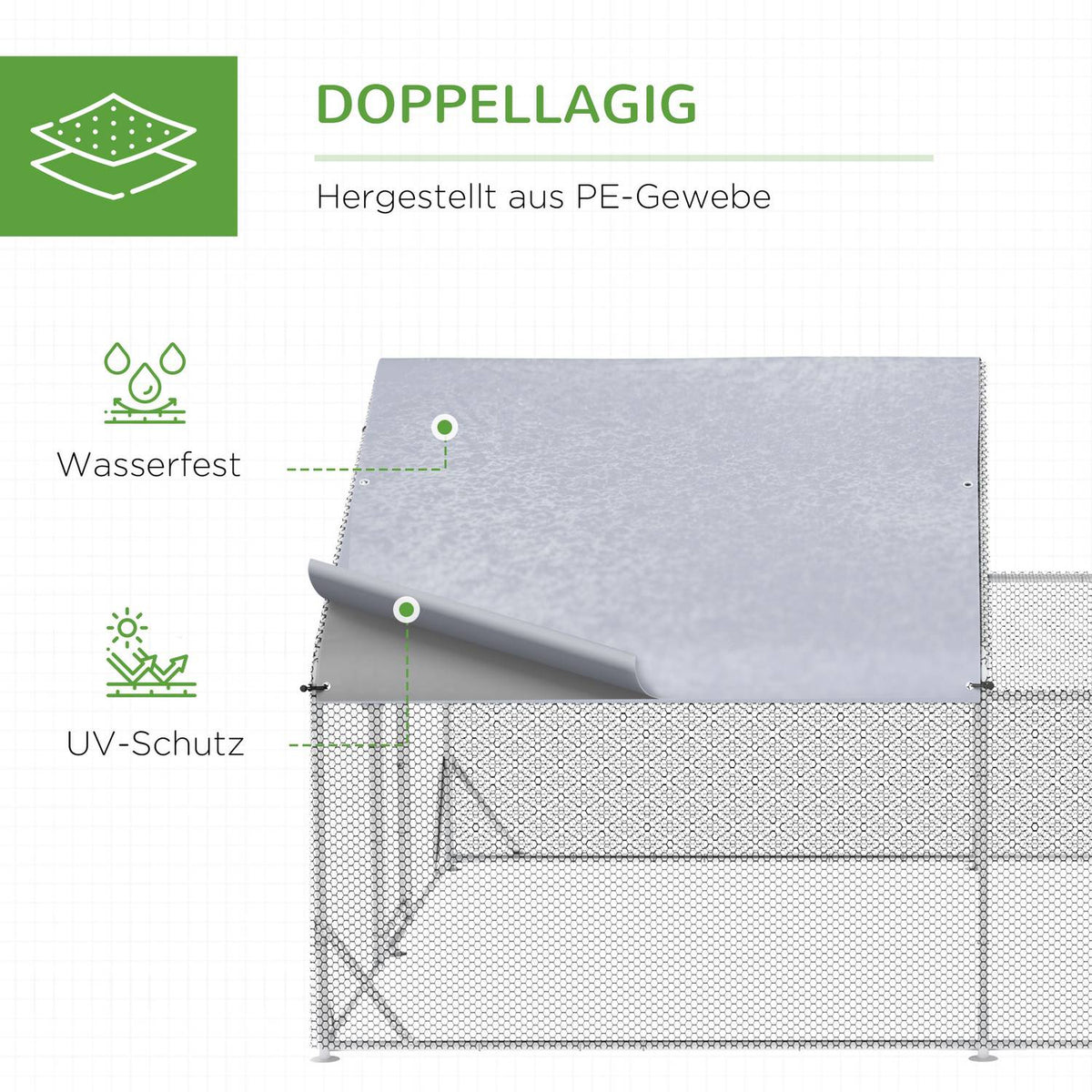 Chicken Coop Free-Range Chicken Enclosure With Sun Protection Roof, 400 X 300 X 195 Cm Steel, Silver