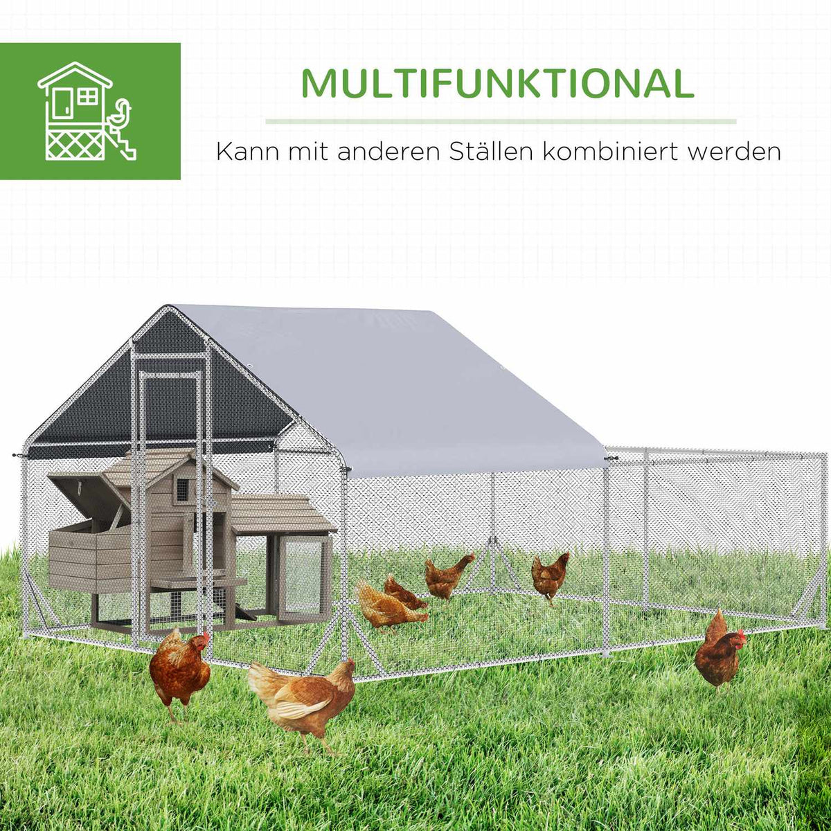Chicken Coop Free-Range Chicken Enclosure With Sun Protection Roof, 400 X 300 X 195 Cm Steel, Silver