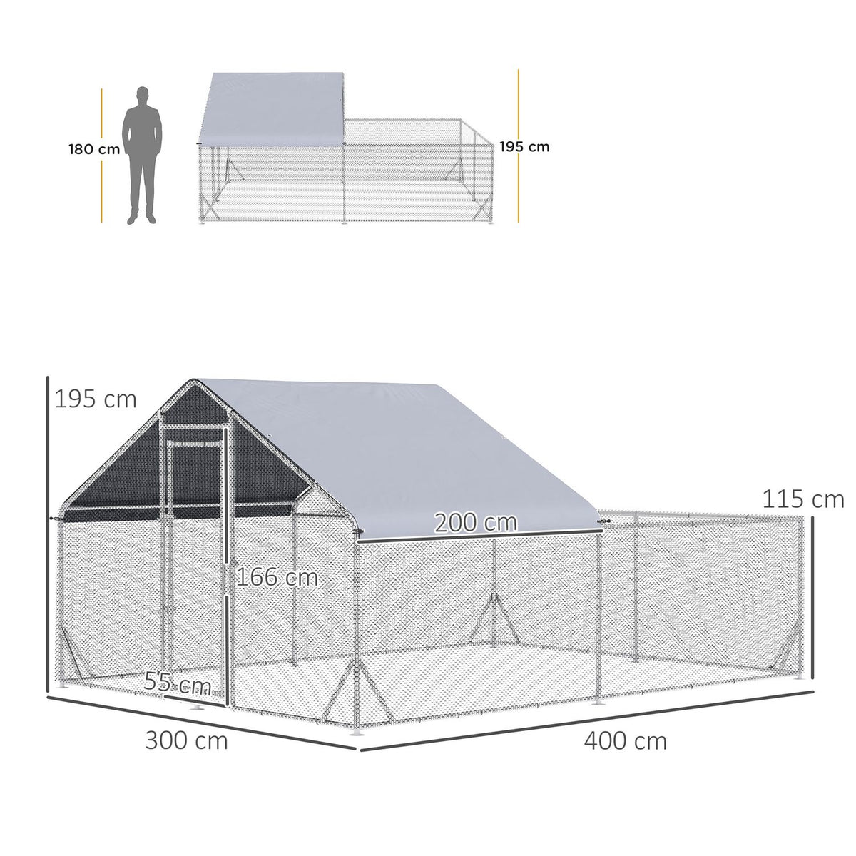 Chicken Coop Free-Range Chicken Enclosure With Sun Protection Roof, 400 X 300 X 195 Cm Steel, Silver