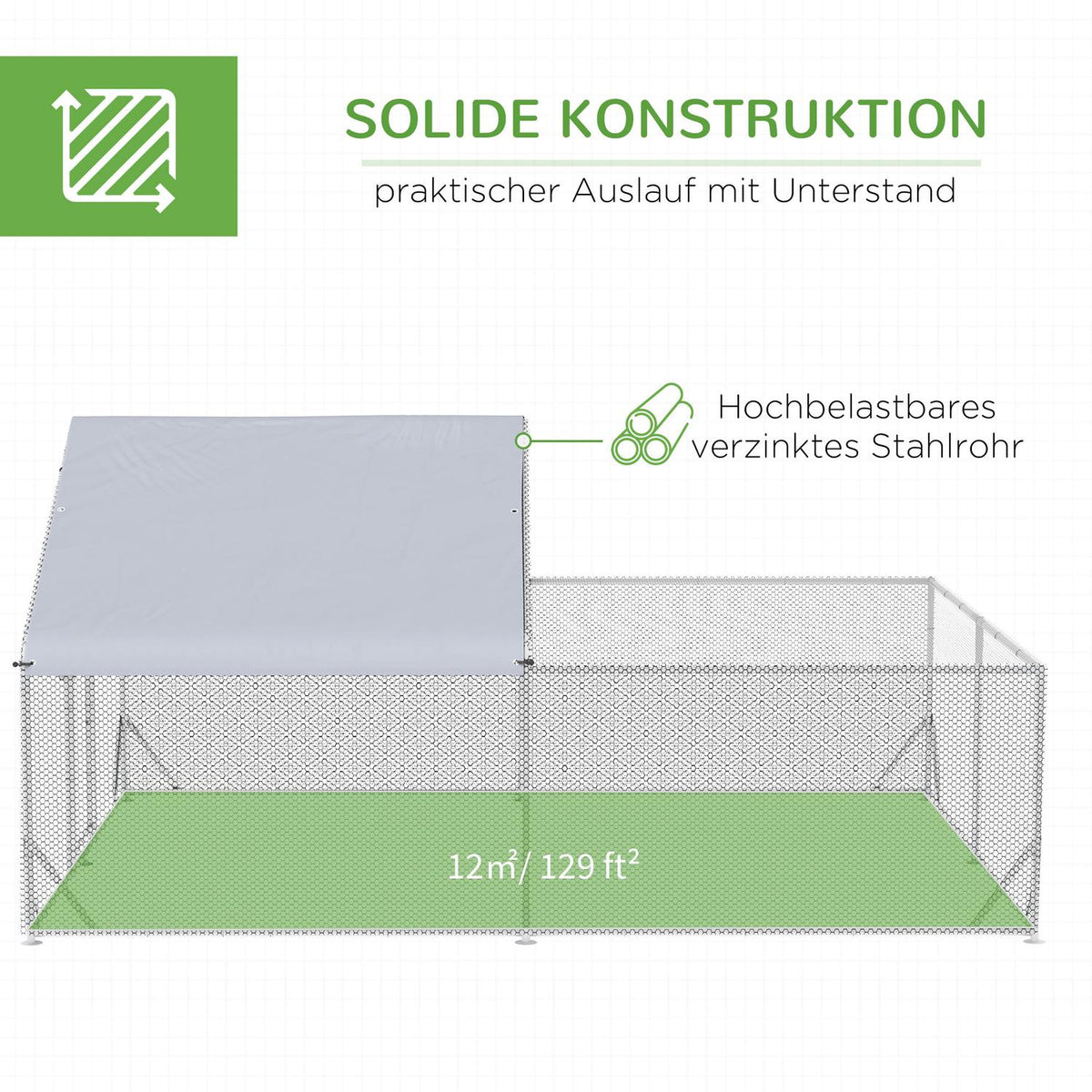 Chicken Coop Free-Range Chicken Enclosure With Sun Protection Roof, 400 X 300 X 195 Cm Steel, Silver