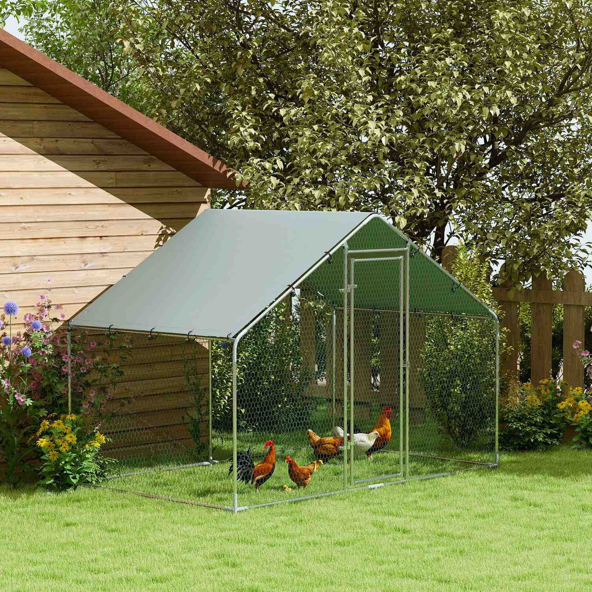 Chicken Coop Outdoor Run 3x1.7x1.9 m with Lock Galvanized Steel Chicken House with Waterproof, Anti-UV Roof Outdoor Poultry House for Chicken Cage, Small Animals, Plants Silver