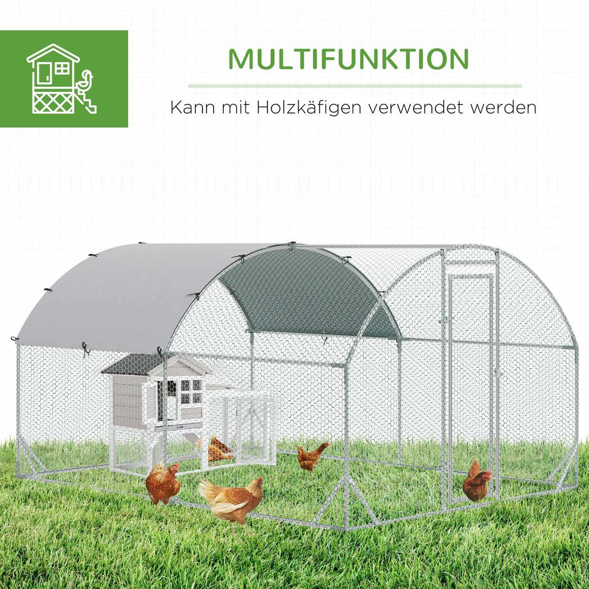 Chicken Coop Outdoor Run Made of Steel, 280 x 380 x 197 cm Chicken Cage with UV-Resistant Cover, Door, Chicken Run for 6-12 Chickens, Small Animals, Silver