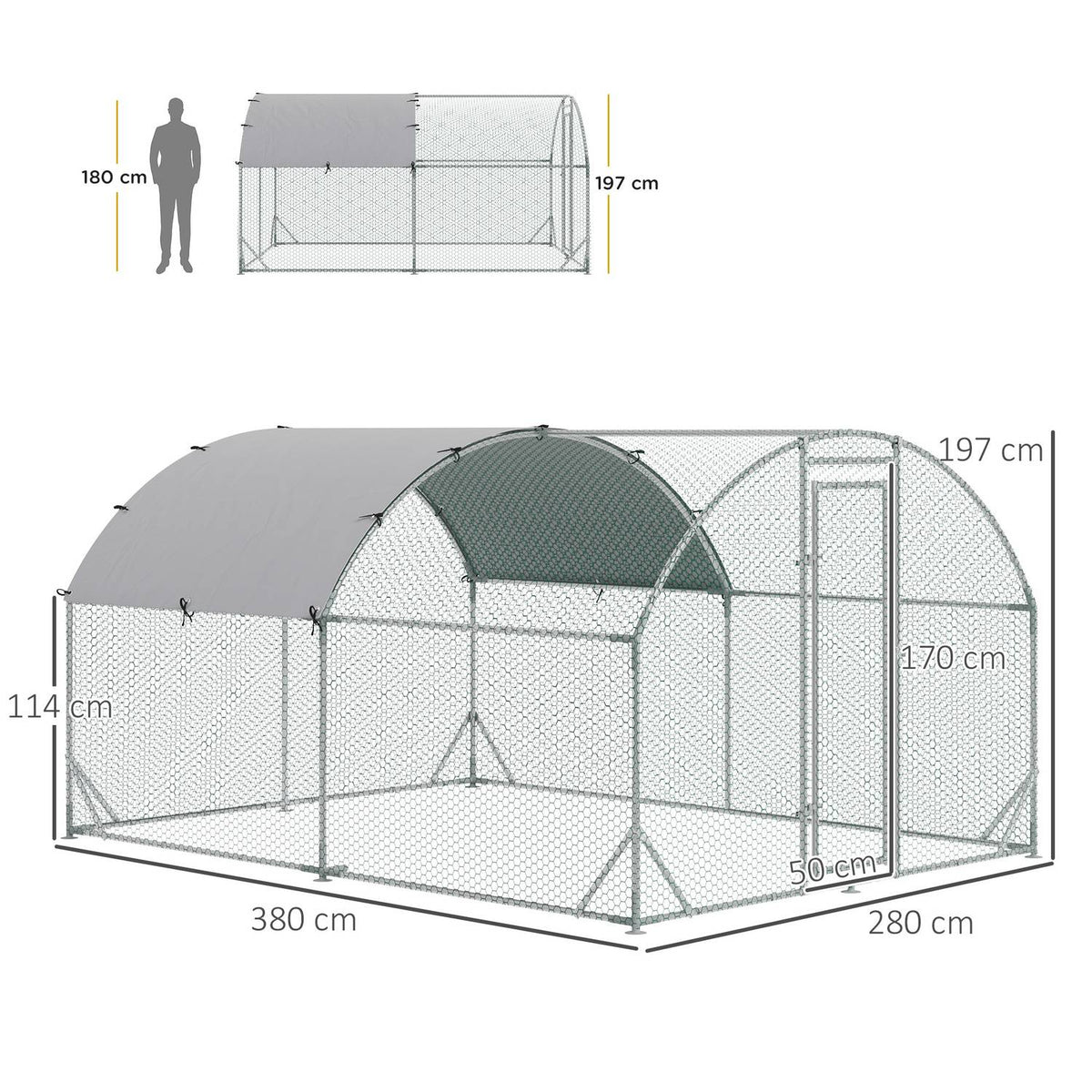 Chicken Coop Outdoor Run Made of Steel, 280 x 380 x 197 cm Chicken Cage with UV-Resistant Cover, Door, Chicken Run for 6-12 Chickens, Small Animals, Silver