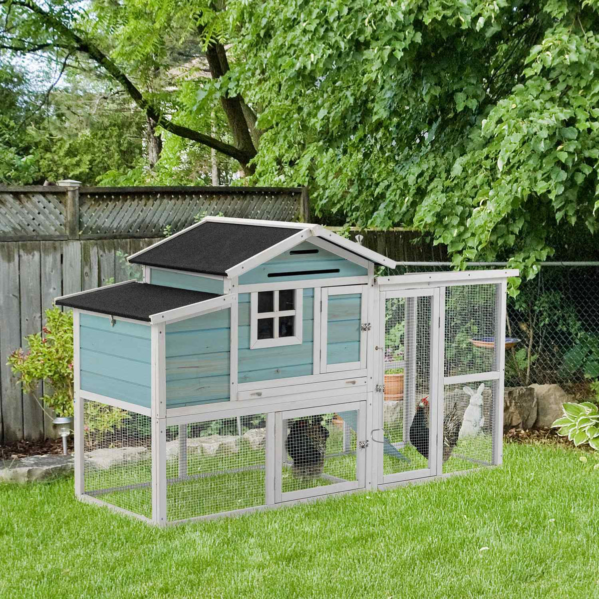 Chicken Coop Winterproof Chicken House With 2 Levels, Nesting Box & Ramp, Easy To Clean, Fir Wood/Steel/Asphalt, Blue, 193X78X115Cm