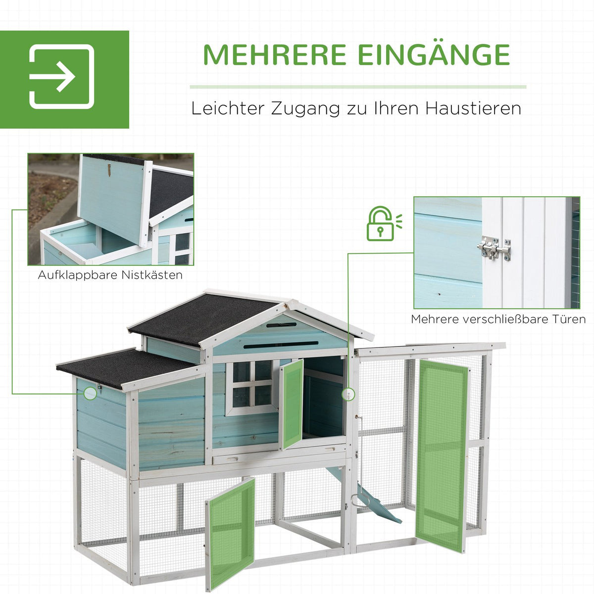 Chicken Coop Winterproof Chicken House With 2 Levels, Nesting Box & Ramp, Easy To Clean, Fir Wood/Steel/Asphalt, Blue, 193X78X115Cm