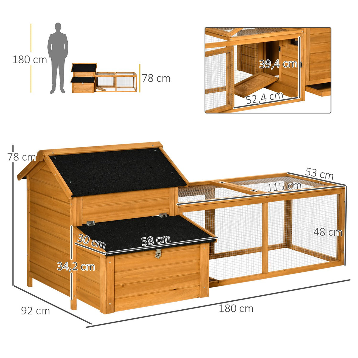 Chicken Coop With Nesting Box, Playpen, Solid Wood, Natural, 180X92X78Cm
