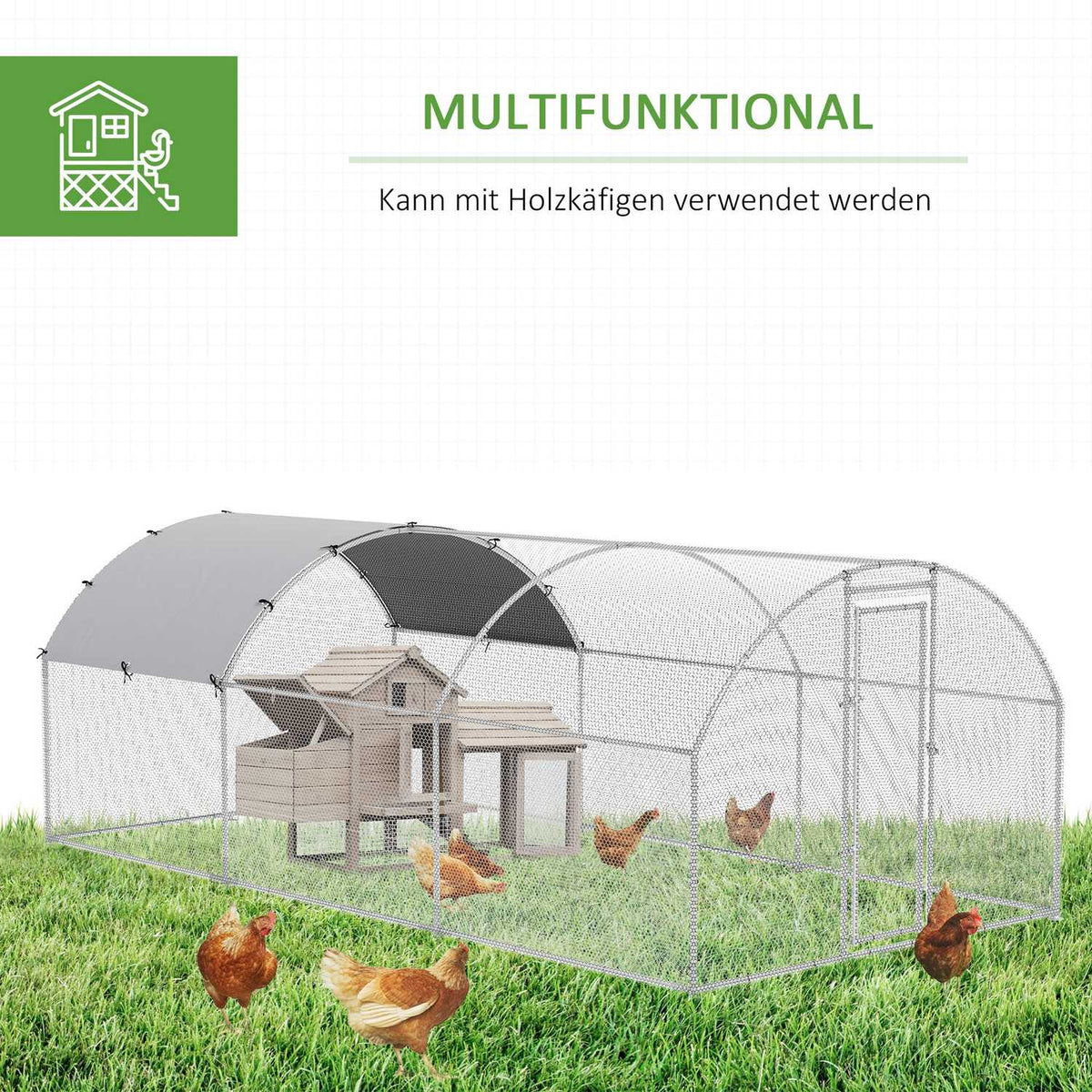 Chicken Coop Xxl Outdoor Poultry Coop For 12-18 Chickens, With Shade Roof & Lock, Zinc/Steel, 280X570X197Cm