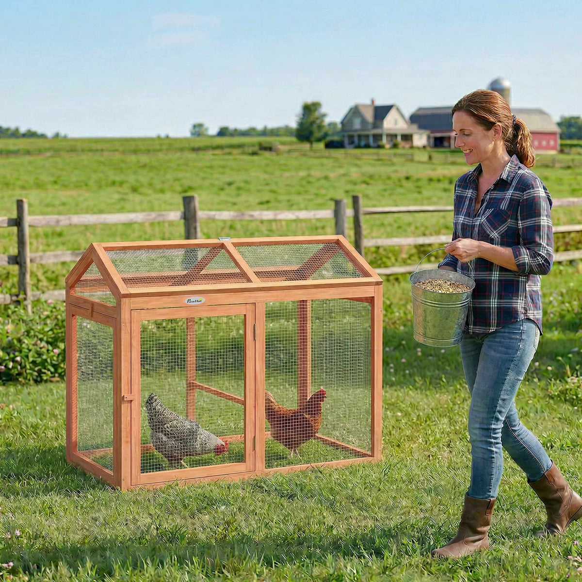 Chicken Coop with Perch, Double Doors, Wood & Metal, 104x70.5x84 cm
