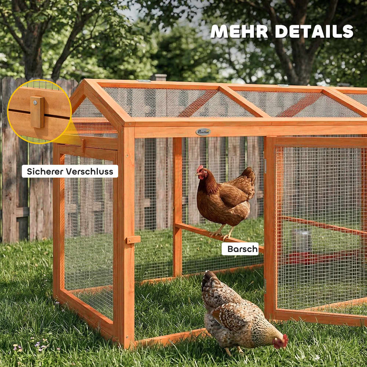 Chicken Coop with Perch, Double Doors, Wood & Metal, 156x70.5x84 cm