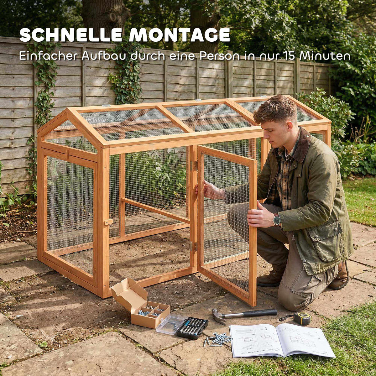 Chicken Coop with Perch, Double Doors, Wood & Metal, 156x70.5x84 cm