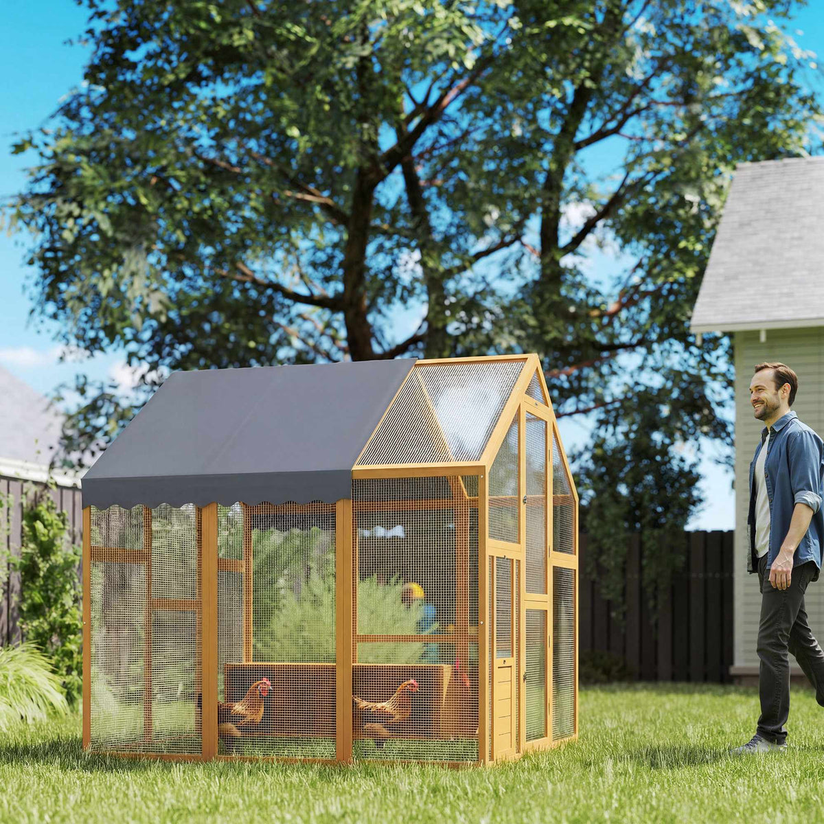 Chicken Coop with Run, 3.07㎡, Waterproof Cover, 6-8 Hens