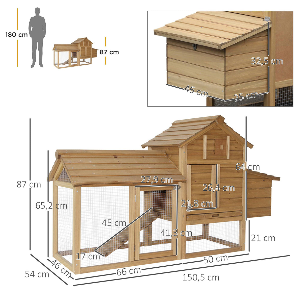 Chicken Coop with Run, Wood, 2 Levels, Nesting Box