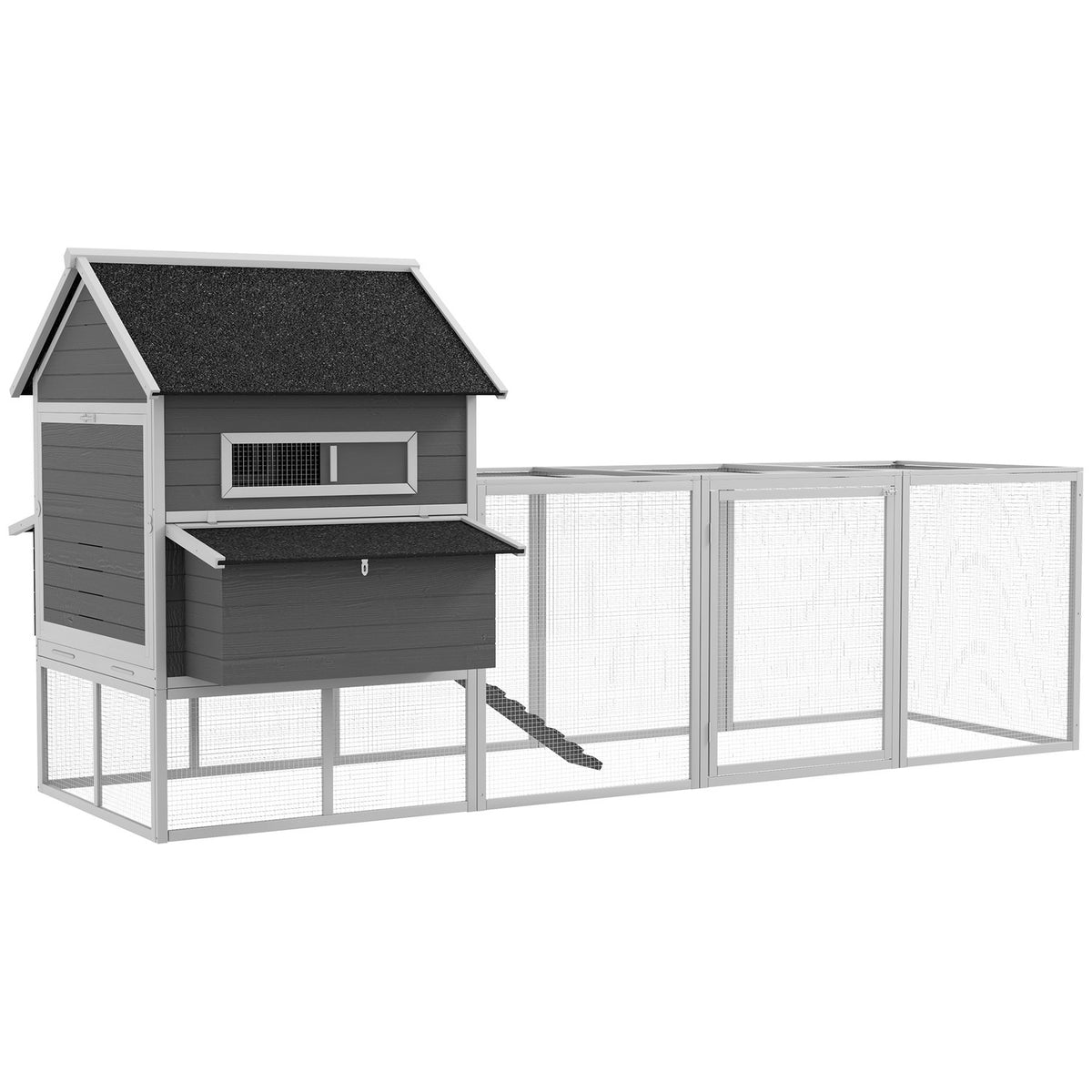 Chicken coop 2 levels chicken house with nesting box, outdoor enclosure poultry coop enclosure for 8-10 chickens playpen with tray, fir wood 347 x 160 x 150 cm gray