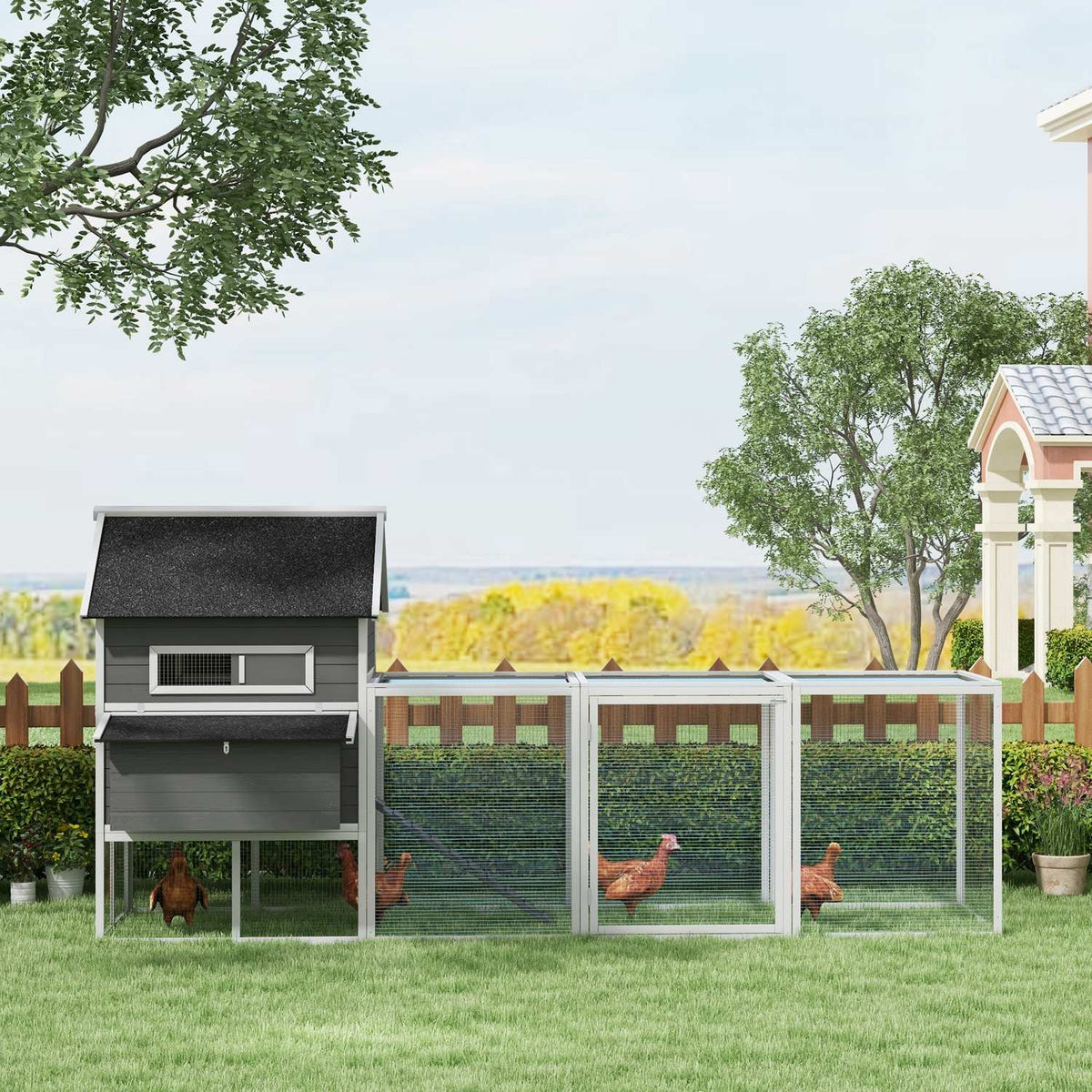 Chicken coop 2 levels chicken house with nesting box, outdoor enclosure poultry coop enclosure for 8-10 chickens playpen with tray, fir wood 347 x 160 x 150 cm gray
