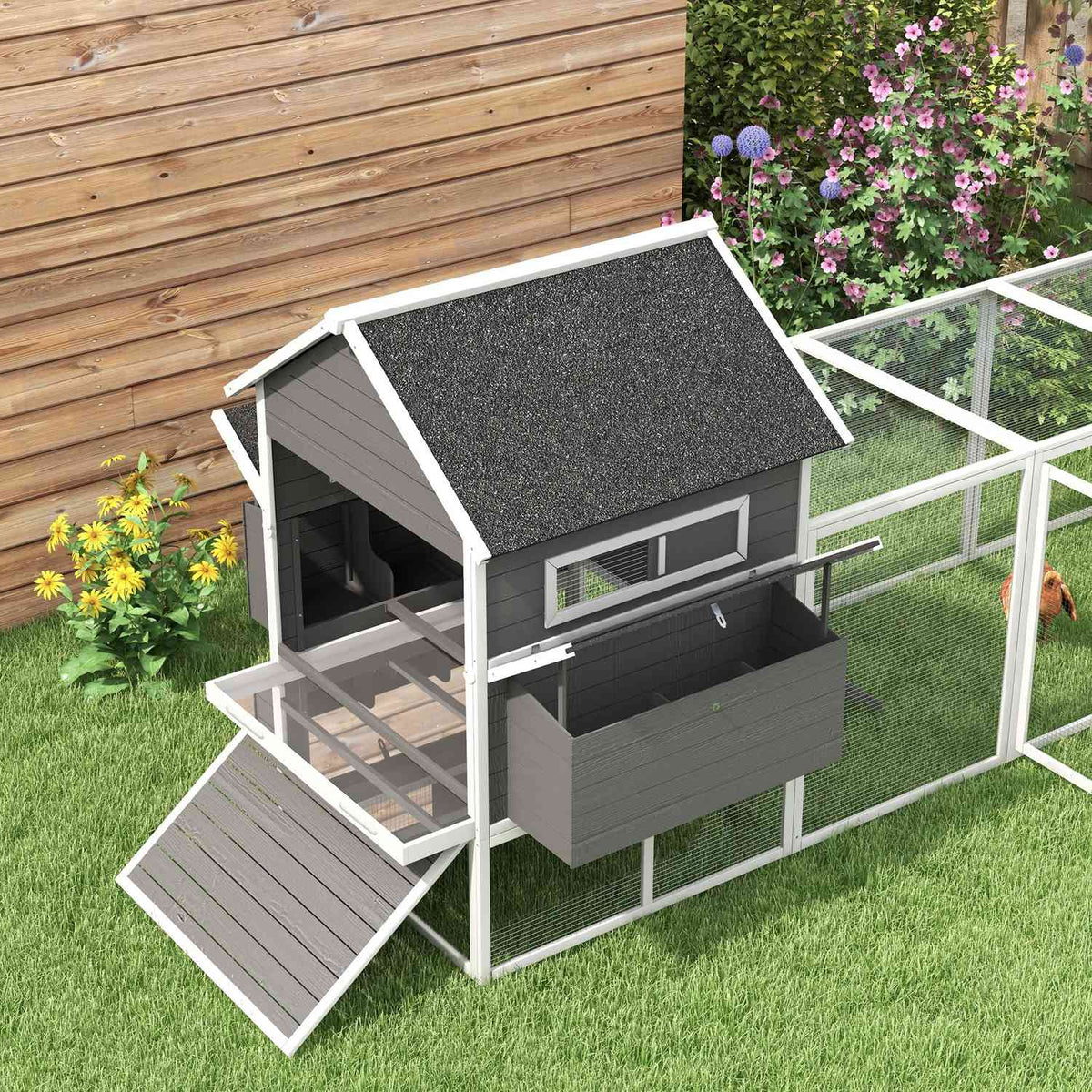 Chicken coop 2 levels chicken house with nesting box, outdoor enclosure poultry coop enclosure for 8-10 chickens playpen with tray, fir wood 347 x 160 x 150 cm gray
