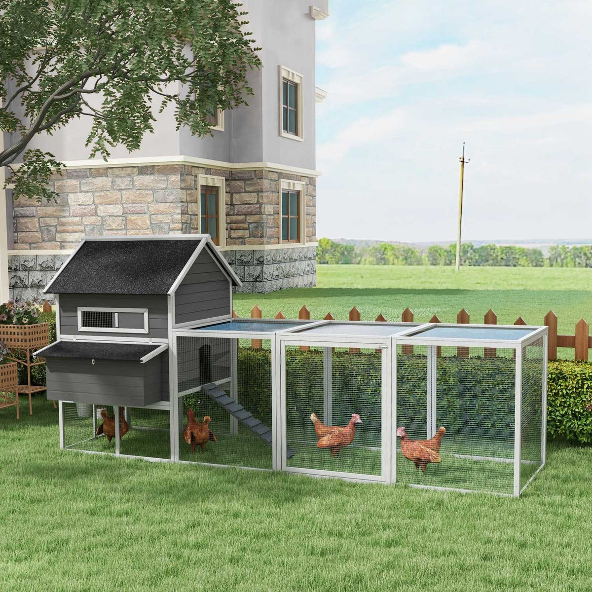 Chicken coop 2 levels chicken house with nesting box, outdoor enclosure poultry coop enclosure for 8-10 chickens playpen with tray, fir wood 347 x 160 x 150 cm gray