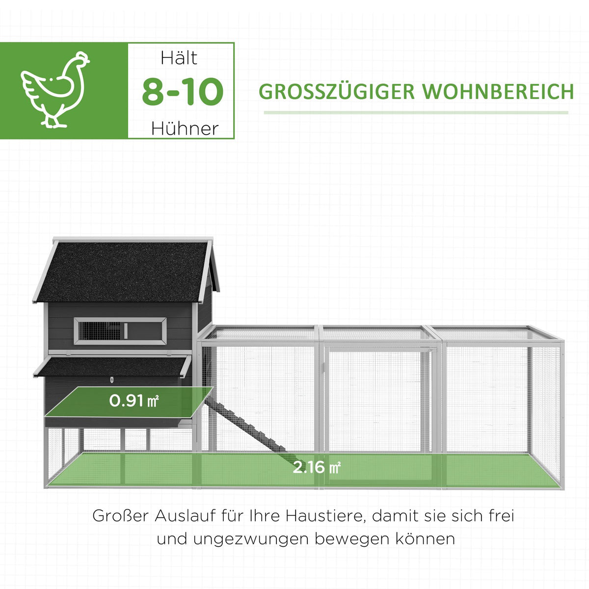 Chicken coop 2 levels chicken house with nesting box, outdoor enclosure poultry coop enclosure for 8-10 chickens playpen with tray, fir wood 347 x 160 x 150 cm gray