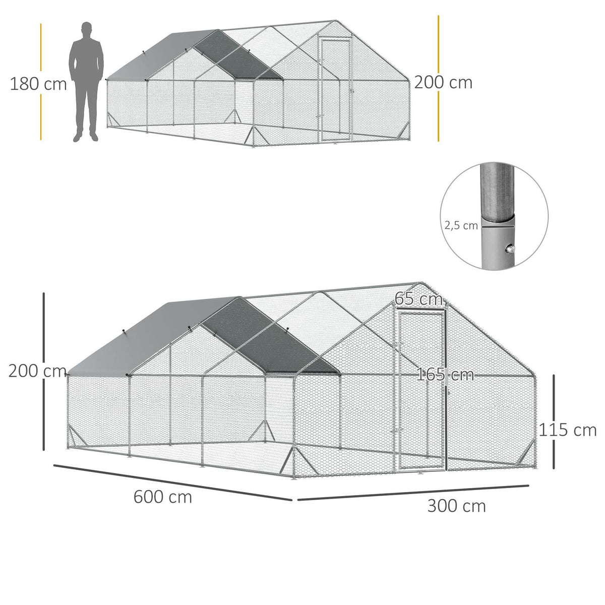 Chicken coop, 3 x 6 x 2 m, free-range enclosure XXL, outdoor poultry coop with shade, roof, for 12-18 chickens, ducks, rabbits, steel